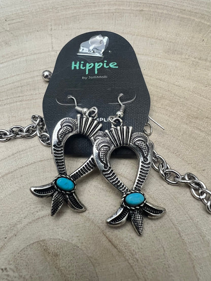 Western Squash Blossom Necklace & Earring Set with Faux Turquoise — 24 Inch Southwestern Set