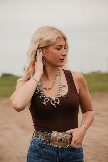 Western Squash Blossom Necklace & Earring Set with Faux Turquoise — 24 Inch Southwestern Set