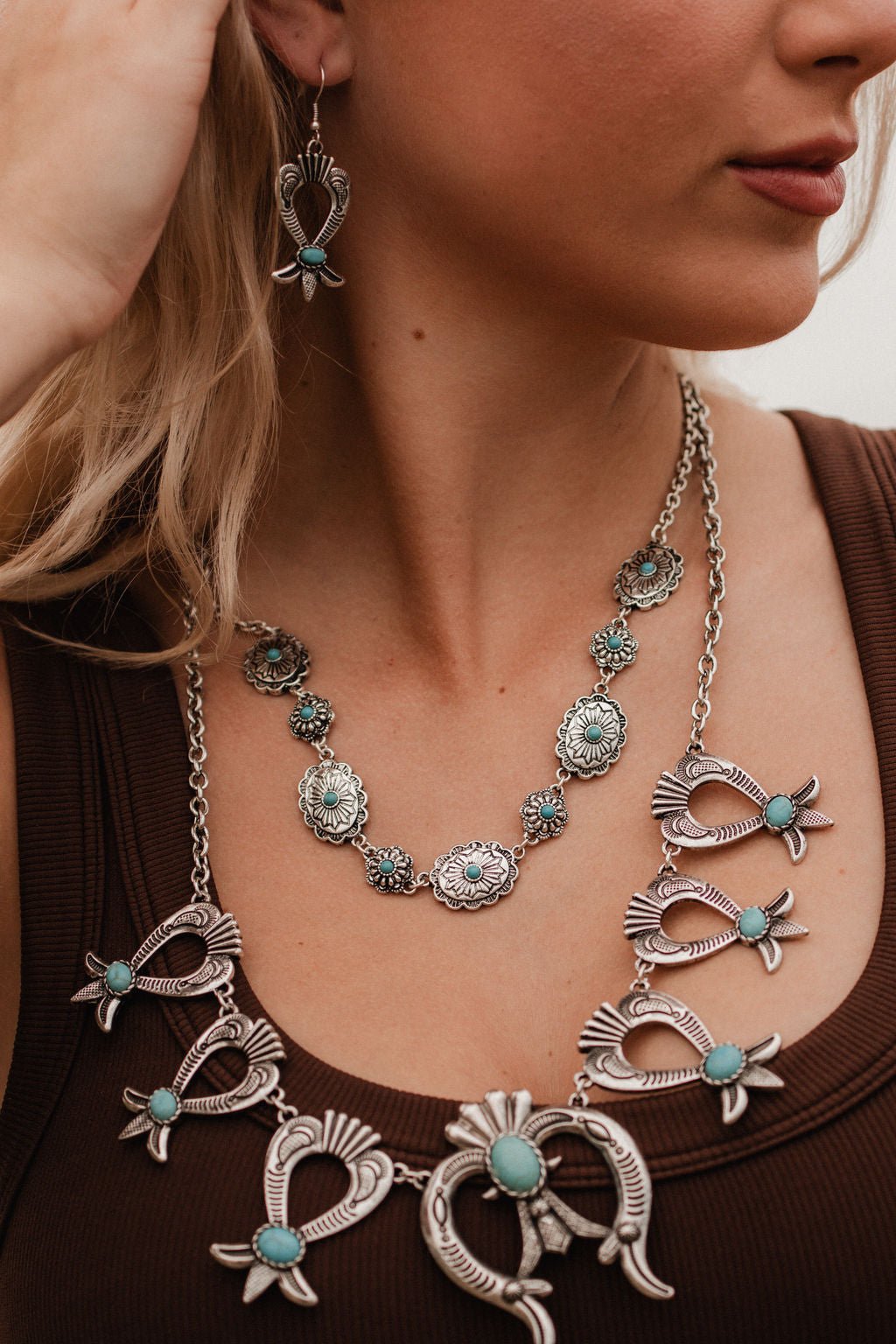 Western Squash Blossom Necklace & Earring Set with Faux Turquoise — 24 Inch Southwestern Set