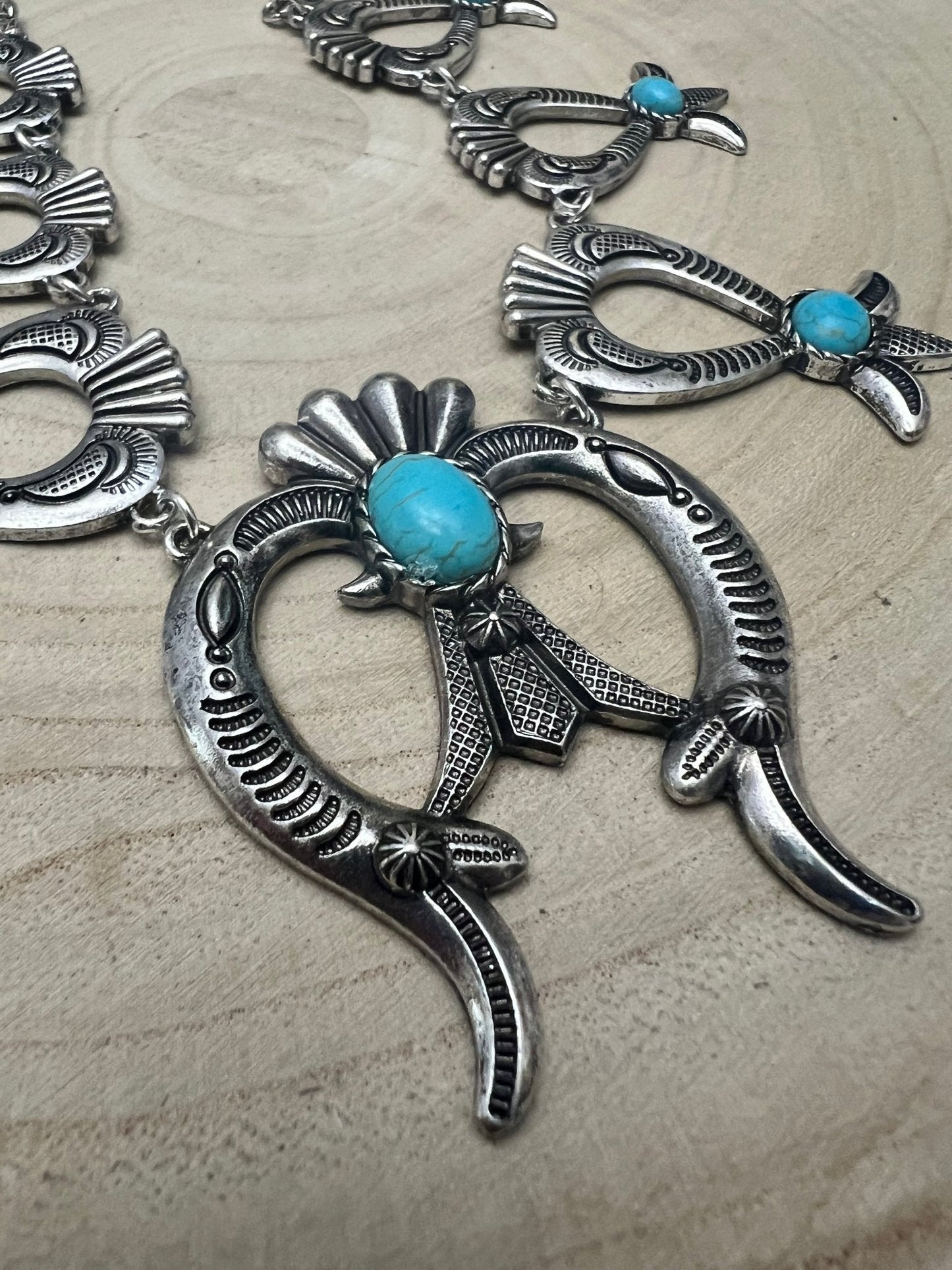 Western Squash Blossom Necklace & Earring Set with Faux Turquoise — 24 Inch Southwestern Set