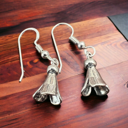 Small Sterling Silver Squash Blossom Dangle Earrings — 9×16mm (Native-Style)