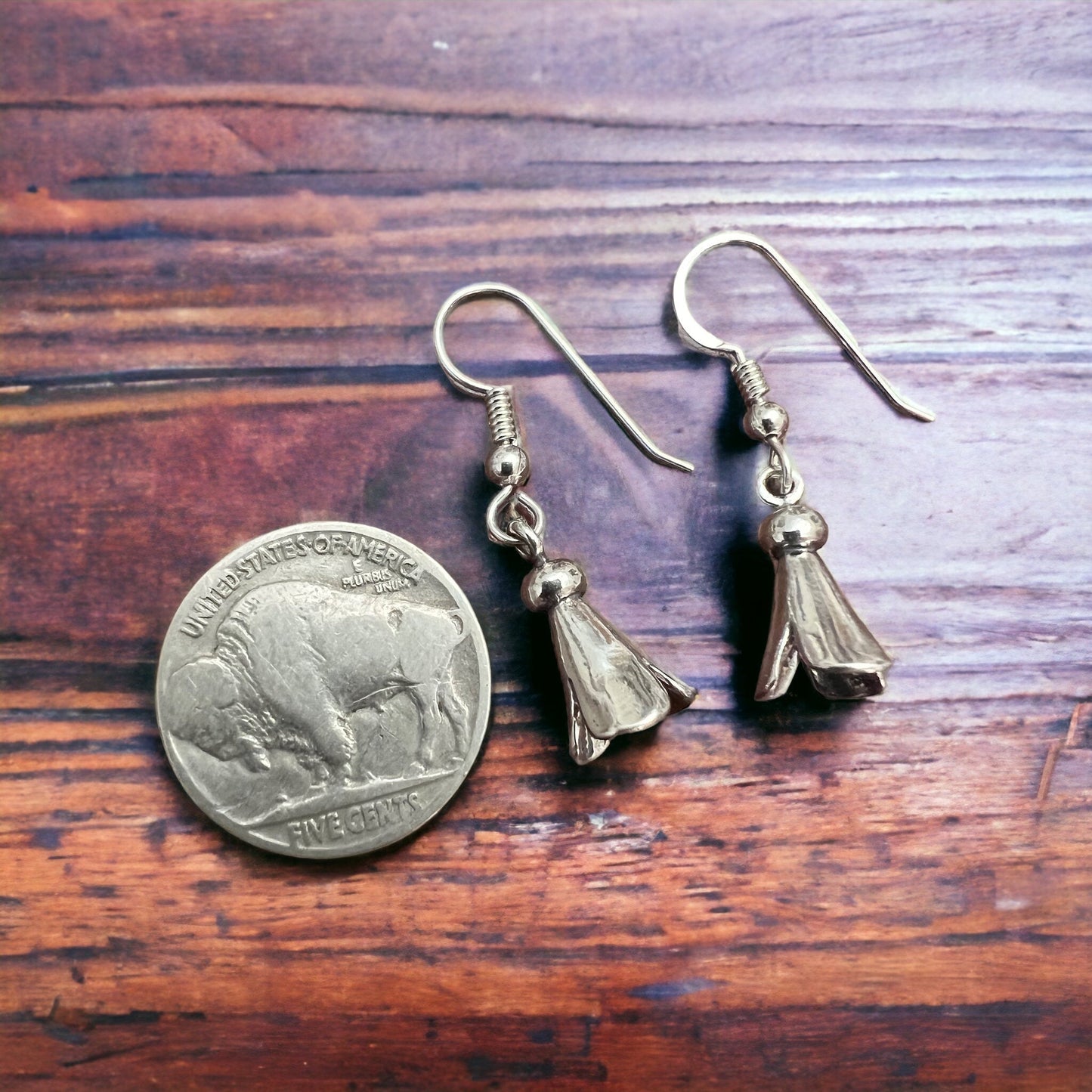 Small Sterling Silver Squash Blossom Dangle Earrings — 9×16mm (Native-Style)