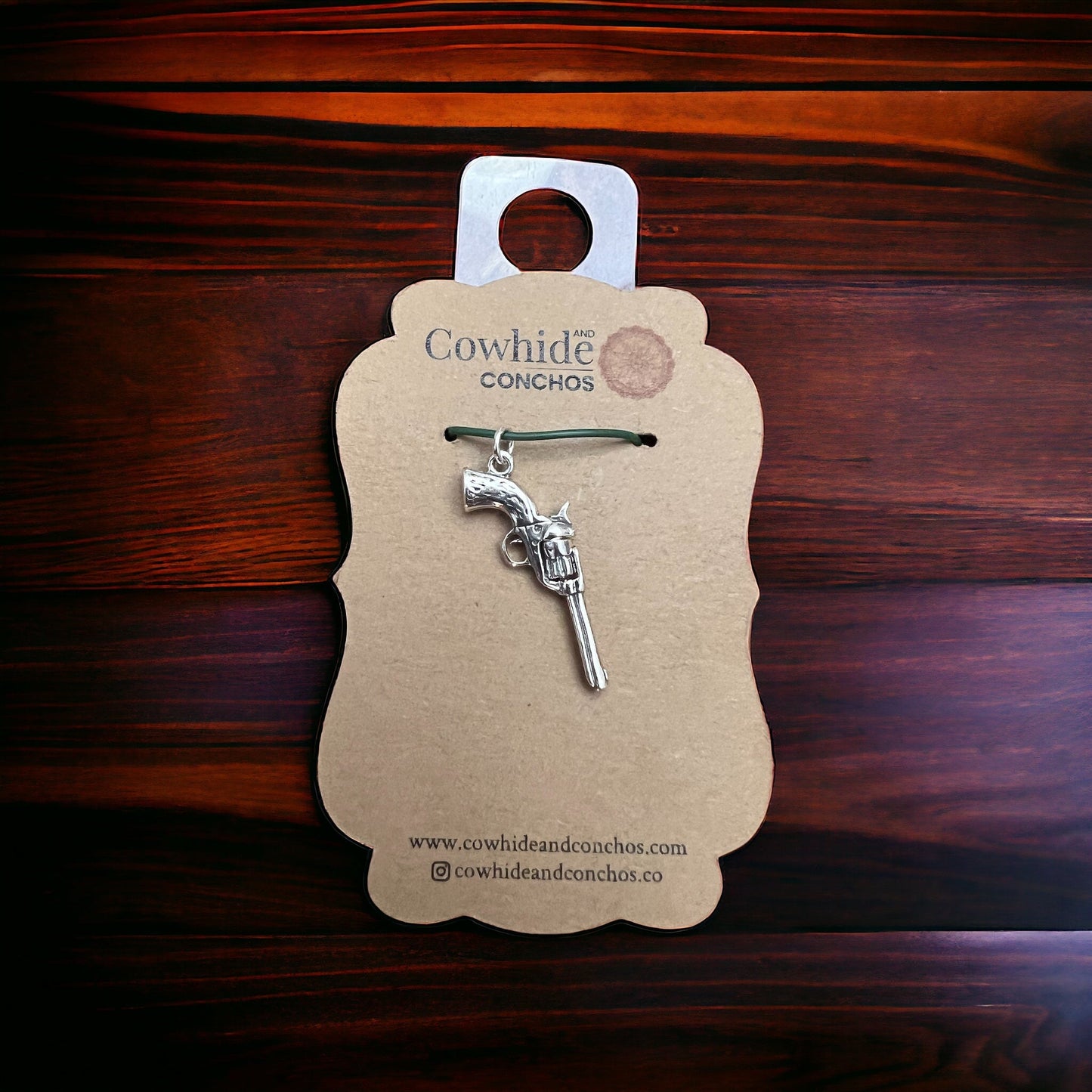 Sterling Silver 3D Pistol Charm/Pendant — Cowboy Six-Shooter with Woodgrain Grips, Oxidized for Detail
