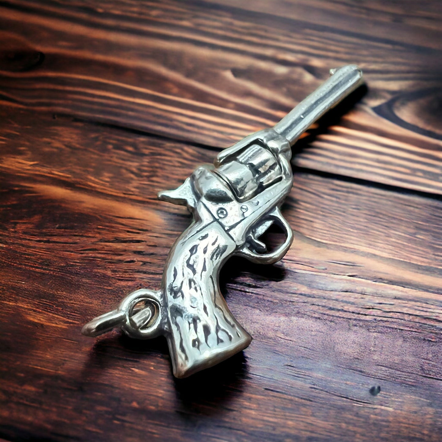Sterling Silver 3D Pistol Charm/Pendant — Cowboy Six-Shooter with Woodgrain Grips, Oxidized for Detail