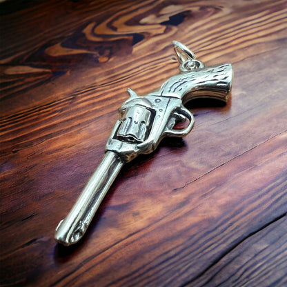 Sterling Silver 3D Pistol Charm/Pendant — Cowboy Six-Shooter with Woodgrain Grips, Oxidized for Detail