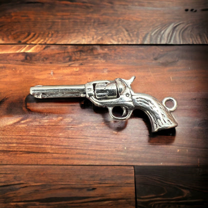 Sterling Silver 3D Pistol Charm/Pendant — Cowboy Six-Shooter with Woodgrain Grips, Oxidized for Detail