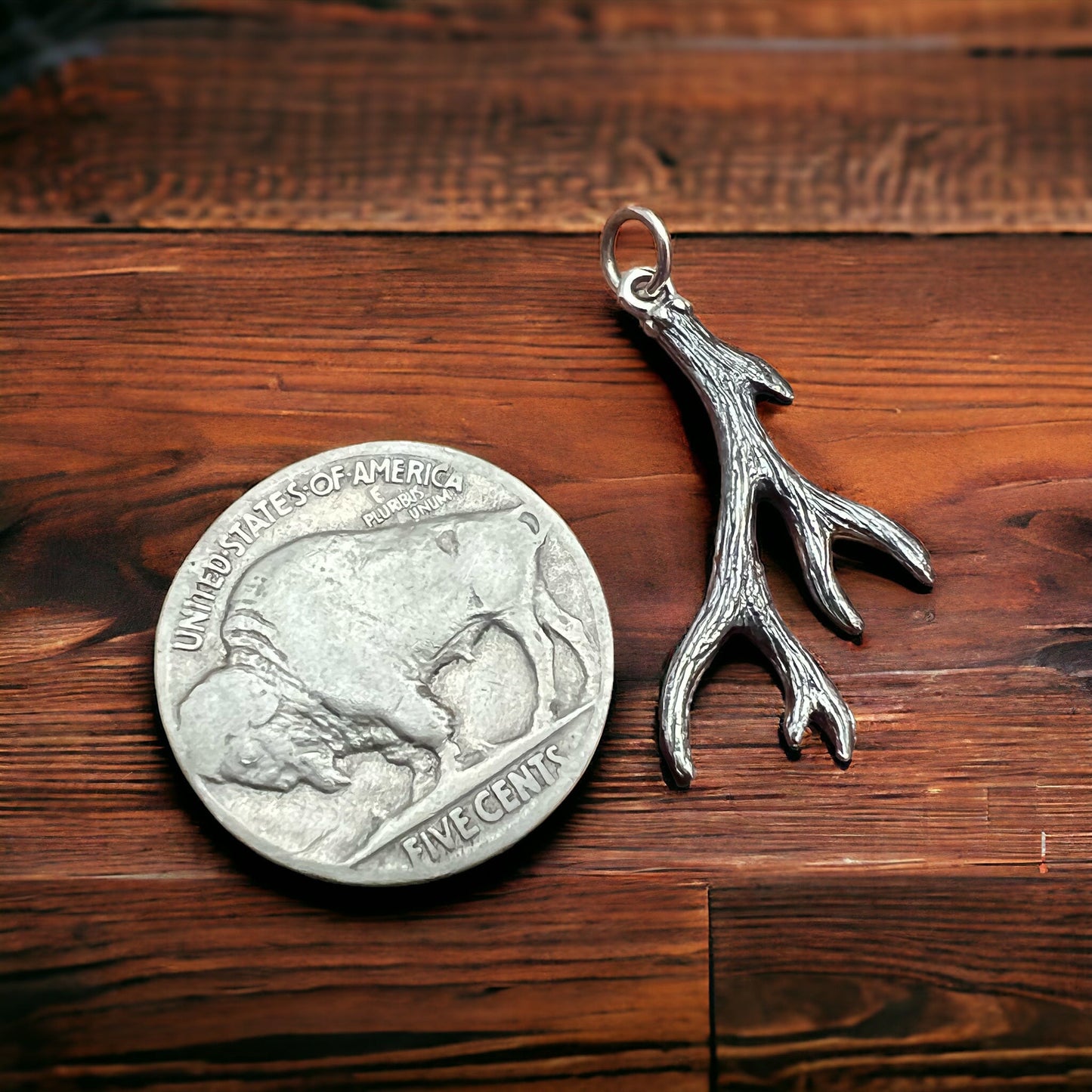 Sterling Silver Antler Charm/Pendant — Realistic Both-Side Design with Oxidized Texture & Jump Ring