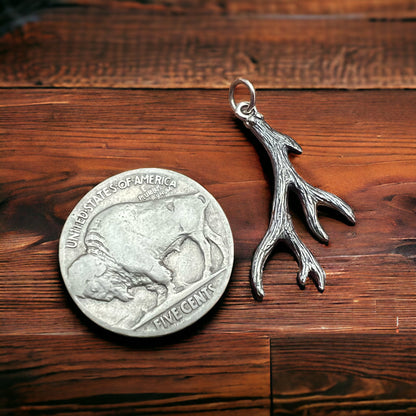 Sterling Silver Antler Charm/Pendant — Realistic Both-Side Design with Oxidized Texture & Jump Ring