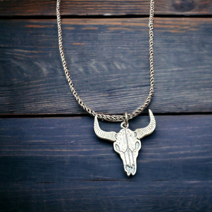 Sterling Silver Cow Skull Flat Charm/Pendant — Etched Western Statement with Oxidized Depth