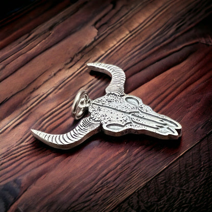 Sterling Silver Cow Skull Flat Charm/Pendant — Etched Western Statement with Oxidized Depth