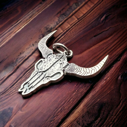 Sterling Silver Cow Skull Flat Charm/Pendant — Etched Western Statement with Oxidized Depth