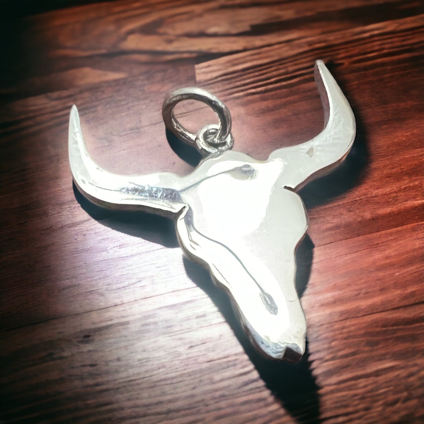 Sterling Silver Cow Skull Flat Charm/Pendant — Etched Western Statement with Oxidized Depth
