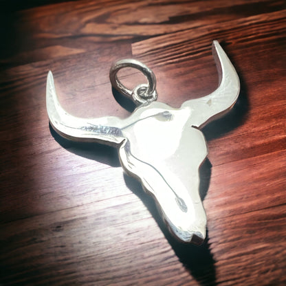 Sterling Silver Cow Skull Flat Charm/Pendant — Etched Western Statement with Oxidized Depth