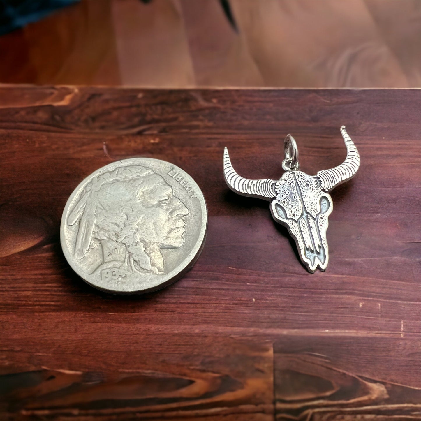 Sterling Silver Cow Skull Flat Charm/Pendant — Etched Western Statement with Oxidized Depth