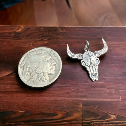 Sterling Silver Cow Skull Flat Charm/Pendant — Etched Western Statement with Oxidized Depth