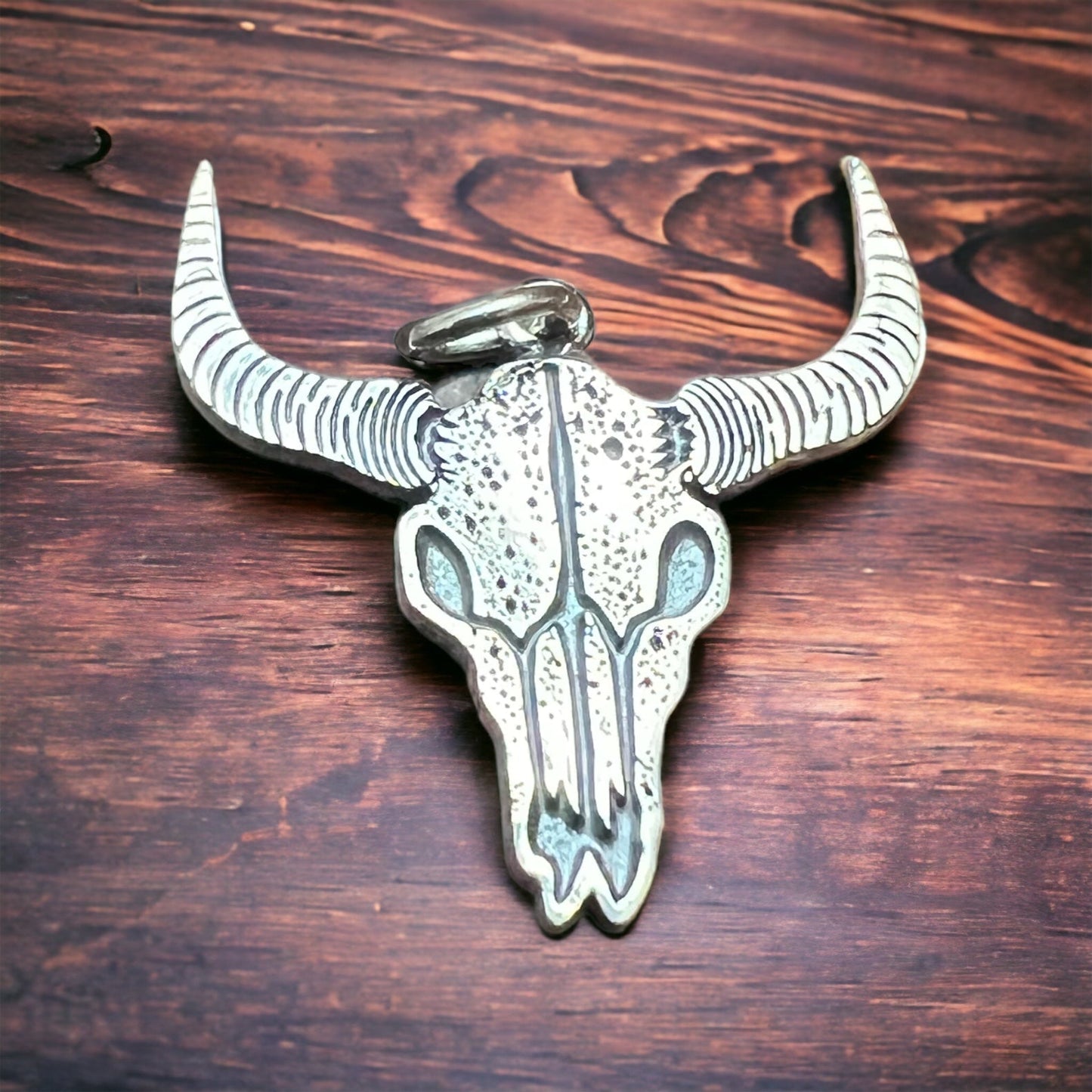 Sterling Silver Cow Skull Flat Charm/Pendant — Etched Western Statement with Oxidized Depth