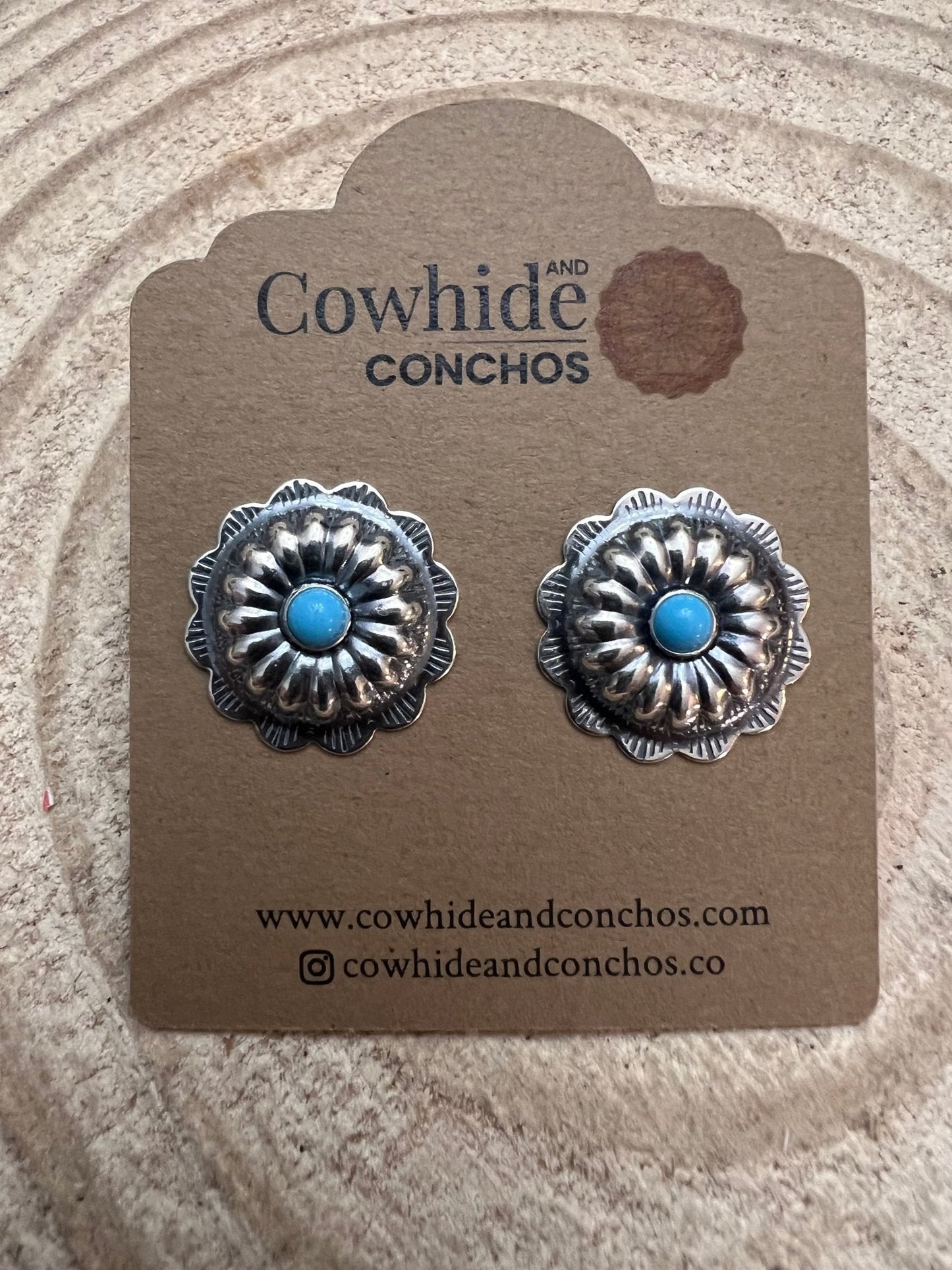 Sterling Silver Concho & Kingman Turquoise Post Earrings (Western Statement)