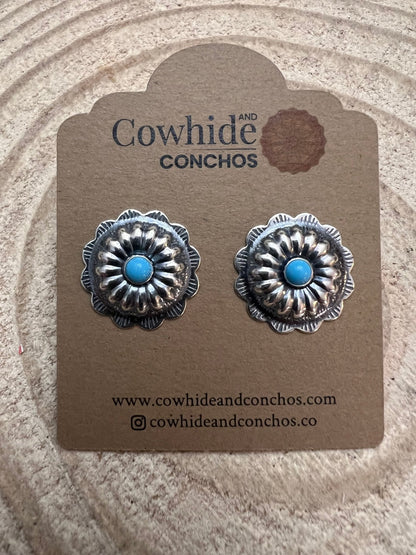 Sterling Silver Concho & Kingman Turquoise Post Earrings (Western Statement)