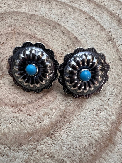 Sterling Silver Concho & Kingman Turquoise Post Earrings (Western Statement)