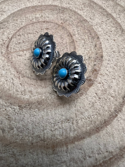 Sterling Silver Concho & Kingman Turquoise Post Earrings (Western Statement)
