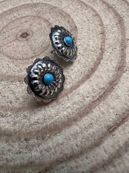Sterling Silver Concho & Kingman Turquoise Post Earrings (Western Statement)