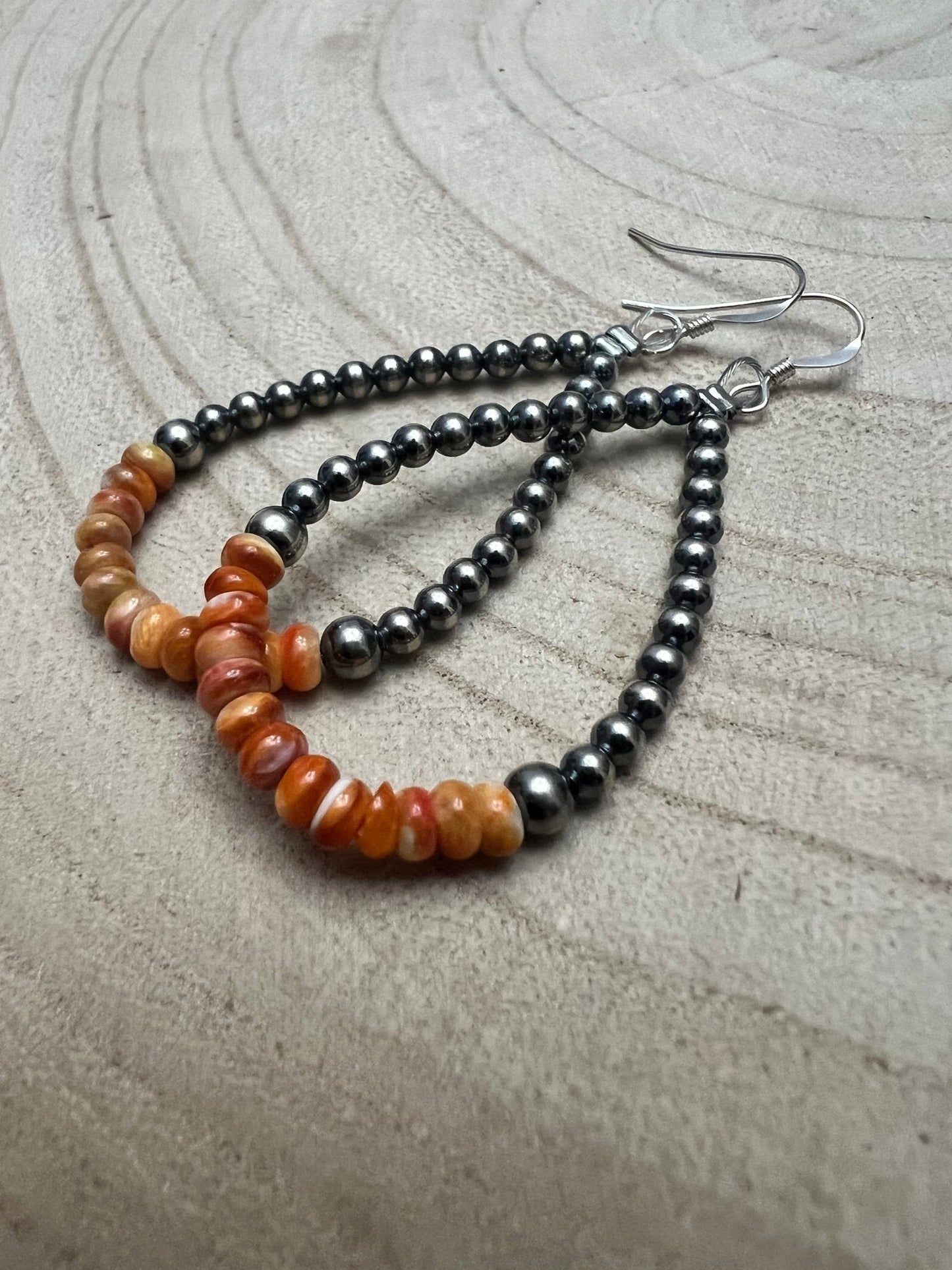 Sterling Pearl & Orange Spiny Oyster Teardrop Earrings — 2.5 inch drop (Made in USA)