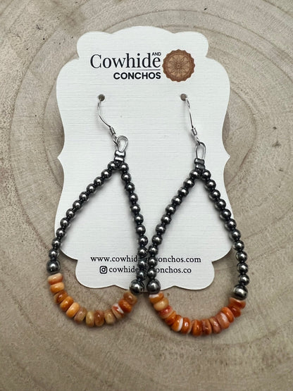 Sterling Pearl & Orange Spiny Oyster Teardrop Earrings — 2.5 inch drop (Made in USA)