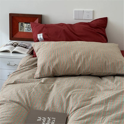 Red & Beige Striped Cotton Bedding Set