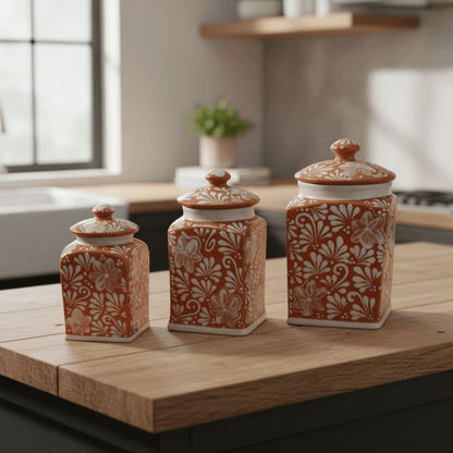 Talavera Canister Set | Brown & White Floral Kitchen Decor
