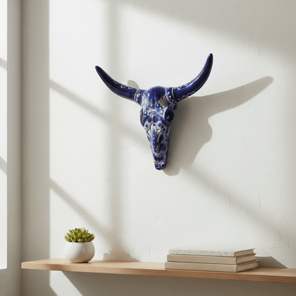 Talavera Longhorn Skull Wall Art | Blue & White Design