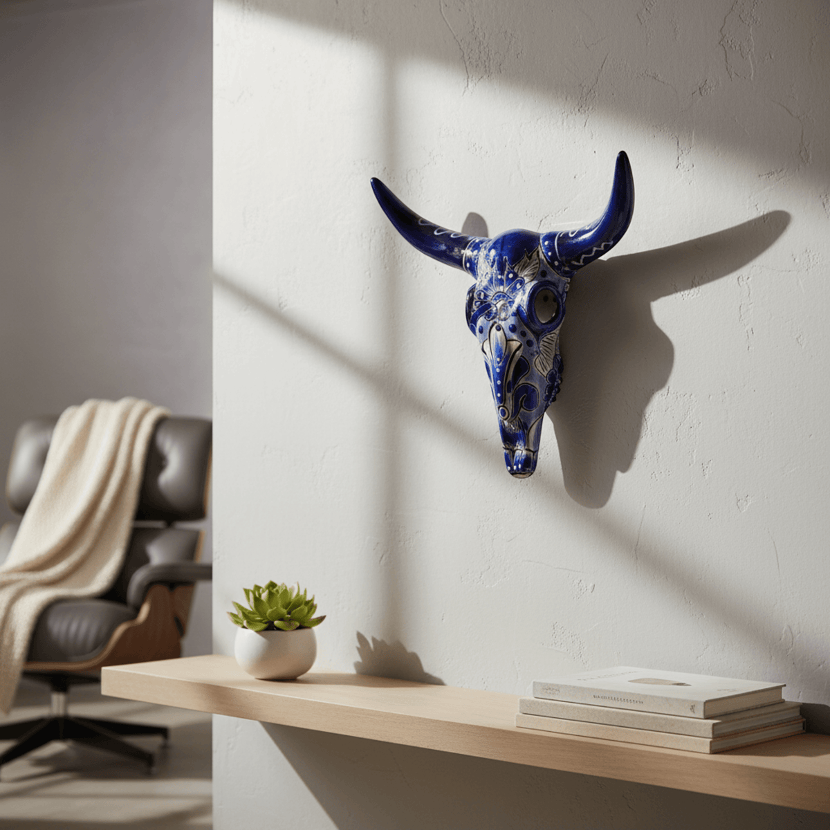 Talavera Longhorn Skull Wall Art | Blue & White Design