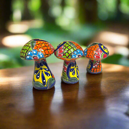 Talavera Mushroom Trio | Colorful Hand-Painted Mexican Garden Decor