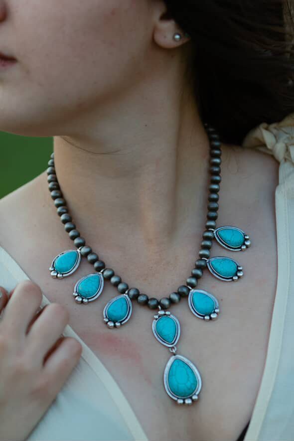 Western Teardrop Faux Turquoise & Sterling Pearl Necklace — 16 Inch Southwestern Pendant