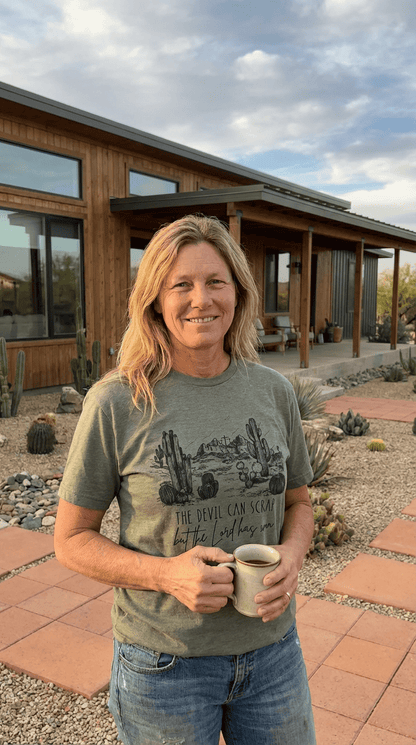 "The Devil Can Scrap" Western Christian Desert Graphic Tee — Vintage Cotton-Poly Blend Faith Statement
