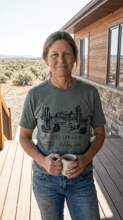 "The Devil Can Scrap" Western Christian Desert Graphic Tee — Vintage Cotton-Poly Blend Faith Statement