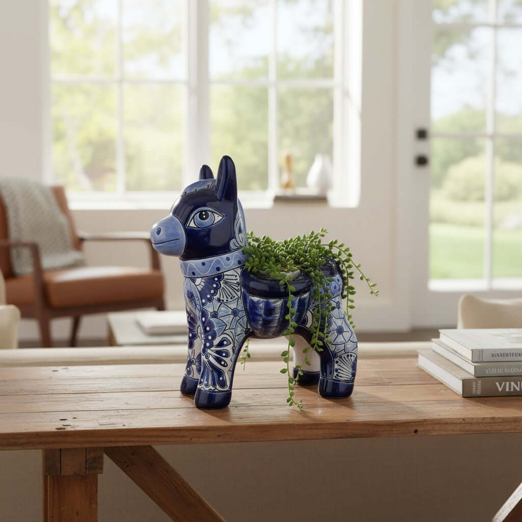 Blue Talavera Donkey Planter | Handmade Mexican Pottery