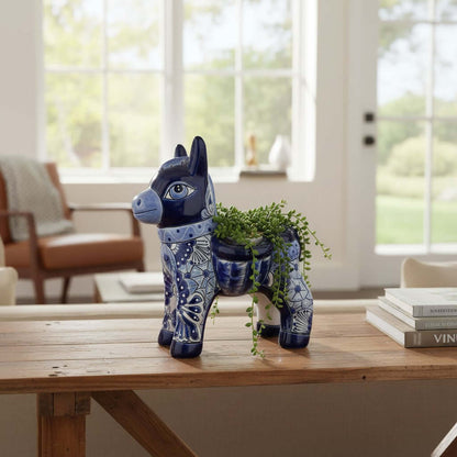 Blue Talavera Donkey Planter | Handmade Mexican Pottery