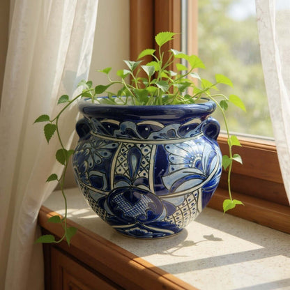 Handmade Talavera Planter | Blue & White Flower Pot