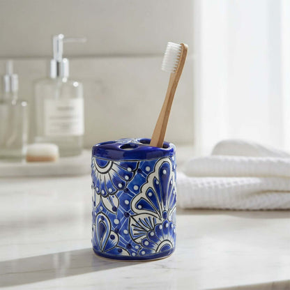 Hand-Painted Talavera Toothbrush Holder | Blue & White Ceramic
