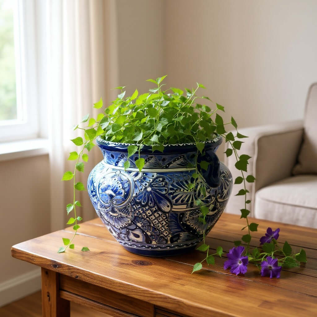 Handmade Talavera Planter | Blue & White Flower Pot