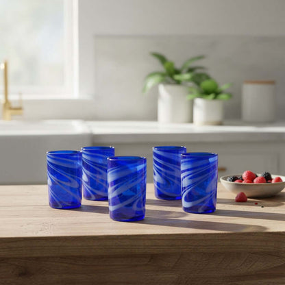 Handmade Mexican Drinking Glass | Blue with White Swirl