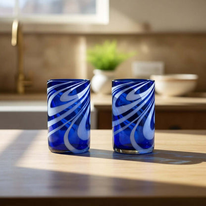 Handmade Mexican Drinking Glass | Blue with White Swirl