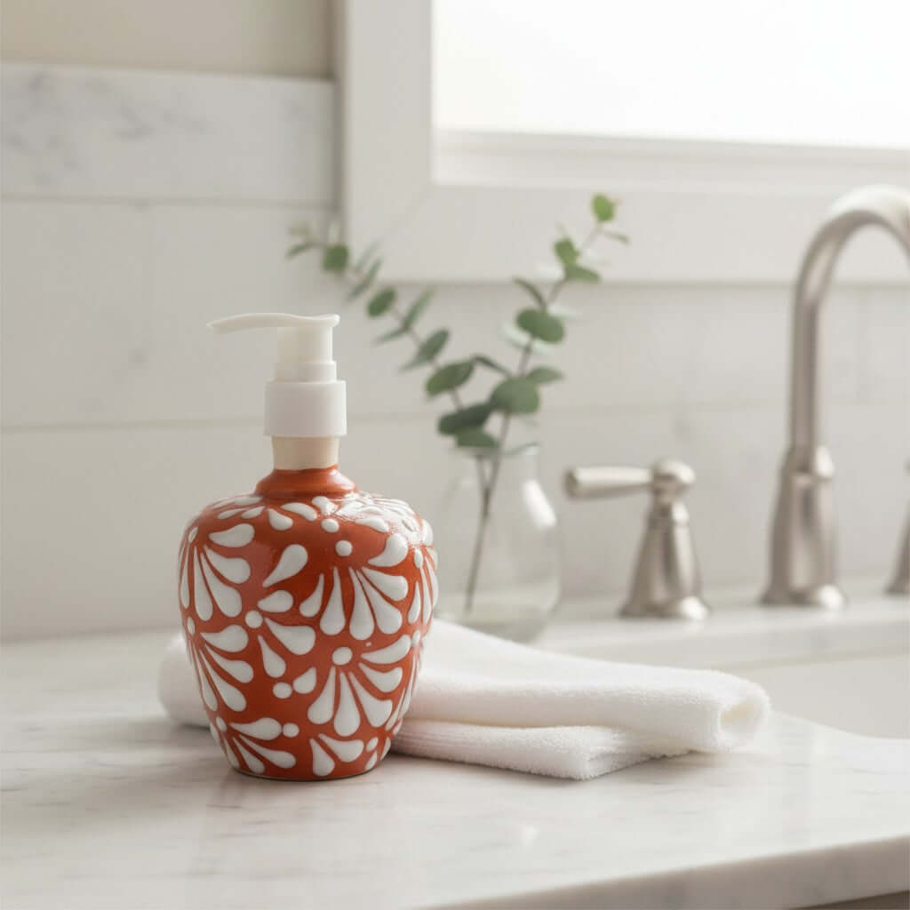 Talavera Soap Dispenser | Brown & White Floral Motif