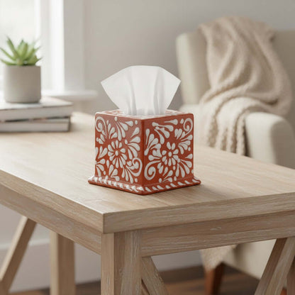 Talavera Tissue Box | Brown & White Floral Design