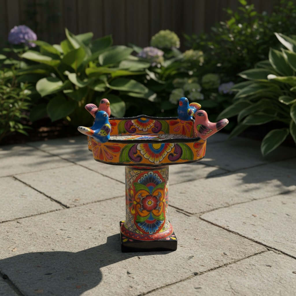 Colorful Talavera Bird Bath | Hand-Painted Ceramic Garden Art