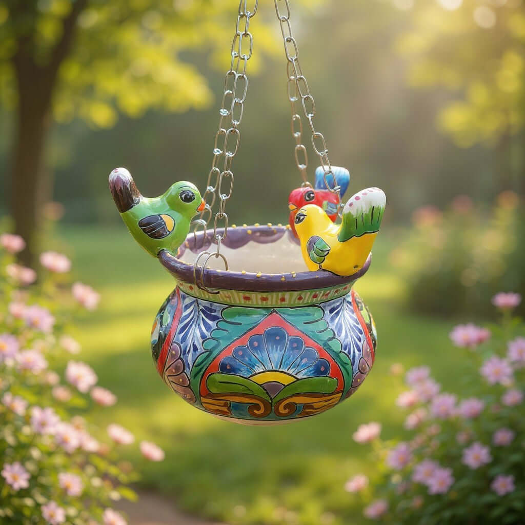 Small Talavera Hanging Planter with Birds | Handmade Ceramic Pot
