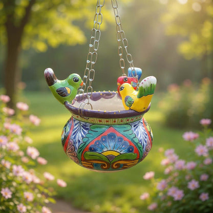 Small Talavera Hanging Planter with Birds | Handmade Ceramic Pot