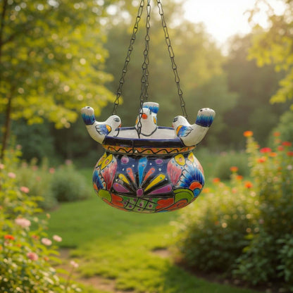 Small Talavera Hanging Planter with Birds | Handmade Ceramic Pot
