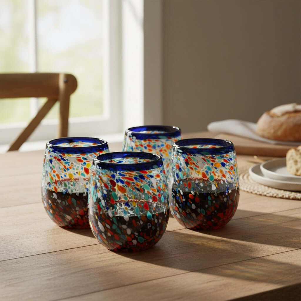 Blue Rim Confetti Wine Glass | Hand-Blown Mexican Stemless Cup