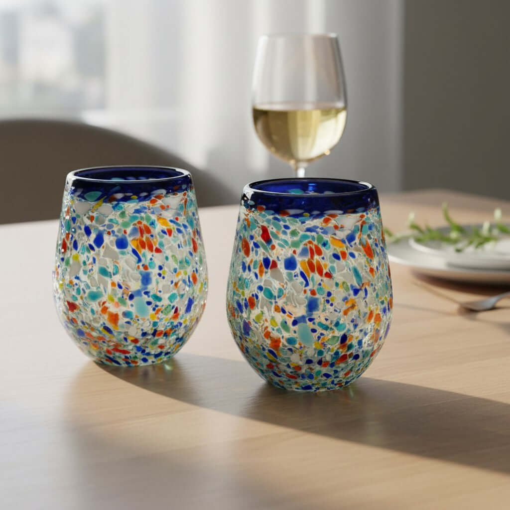 Blue Rim Confetti Wine Glass | Hand-Blown Mexican Stemless Cup